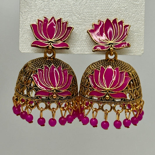 Traditional Lotus Meenakari Jhumkas with Antique Gold Finish