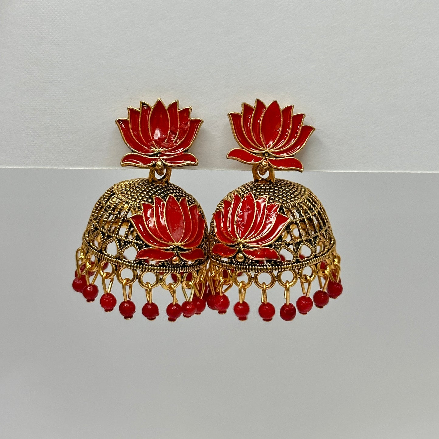 Traditional Lotus Meenakari Jhumkas with Antique Gold Finish