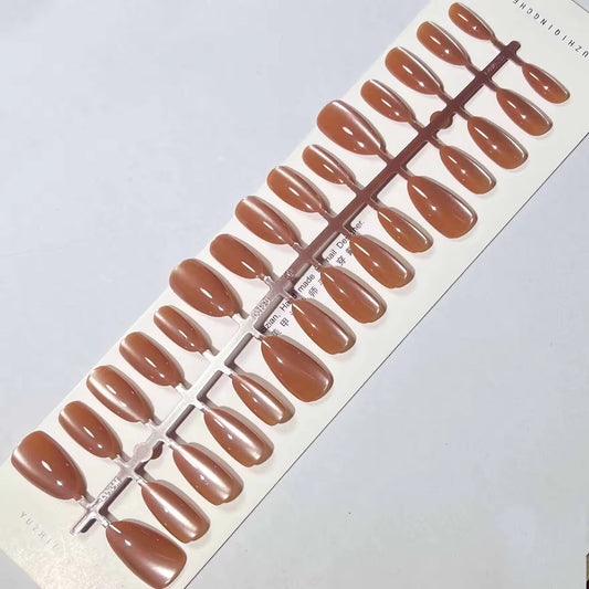 Warm Caramel Brown Cat-Eye Press-On Nails Set 30 Pieces (T1036)