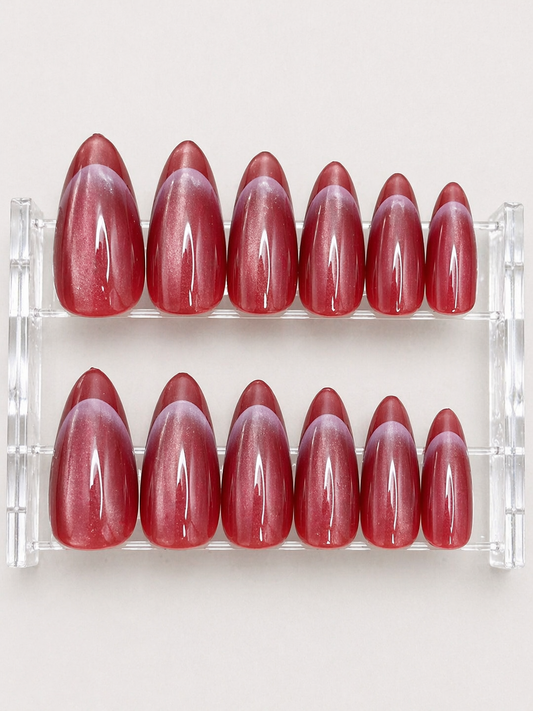 Cat Eye Glossy Red French Press-On nails Set 12 pcs - Free Sticker Sheet