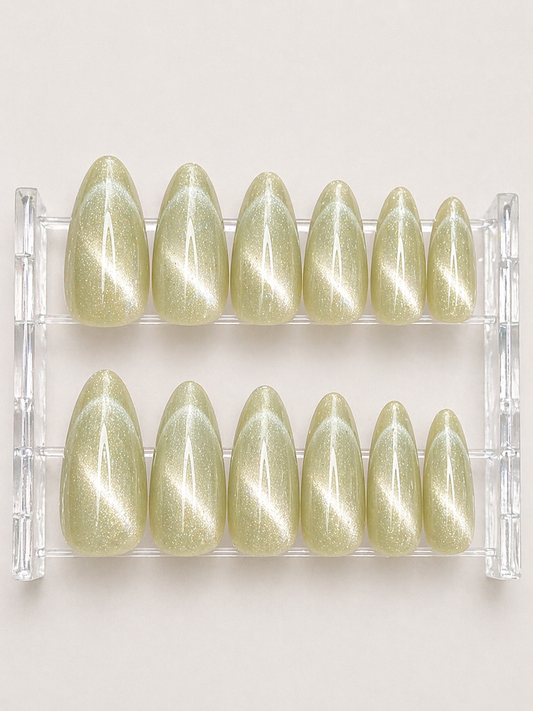 Cat Eye Olive Garden French Tip Press-On Set 12 pcs - Free Sticker Sheet