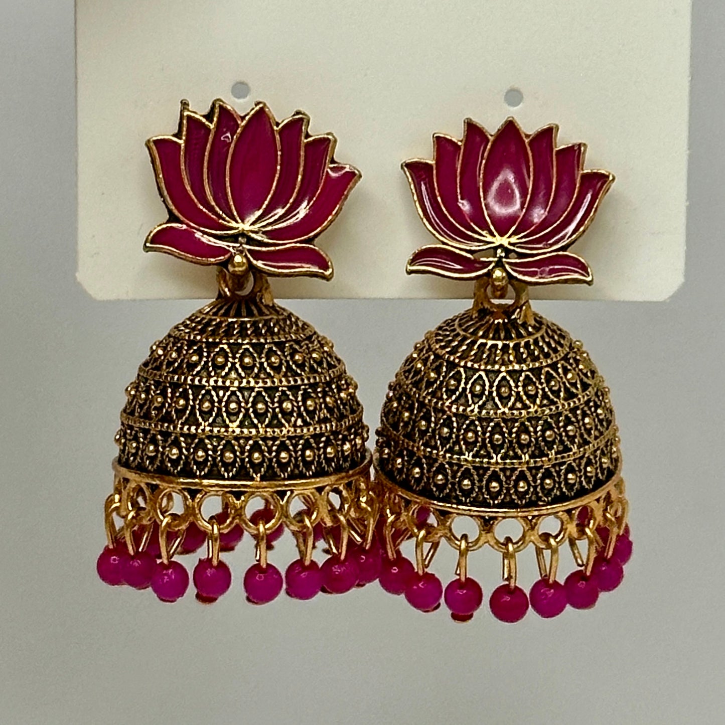 Festive Lotus Motif Meenakari Jhumka with Bead Drops