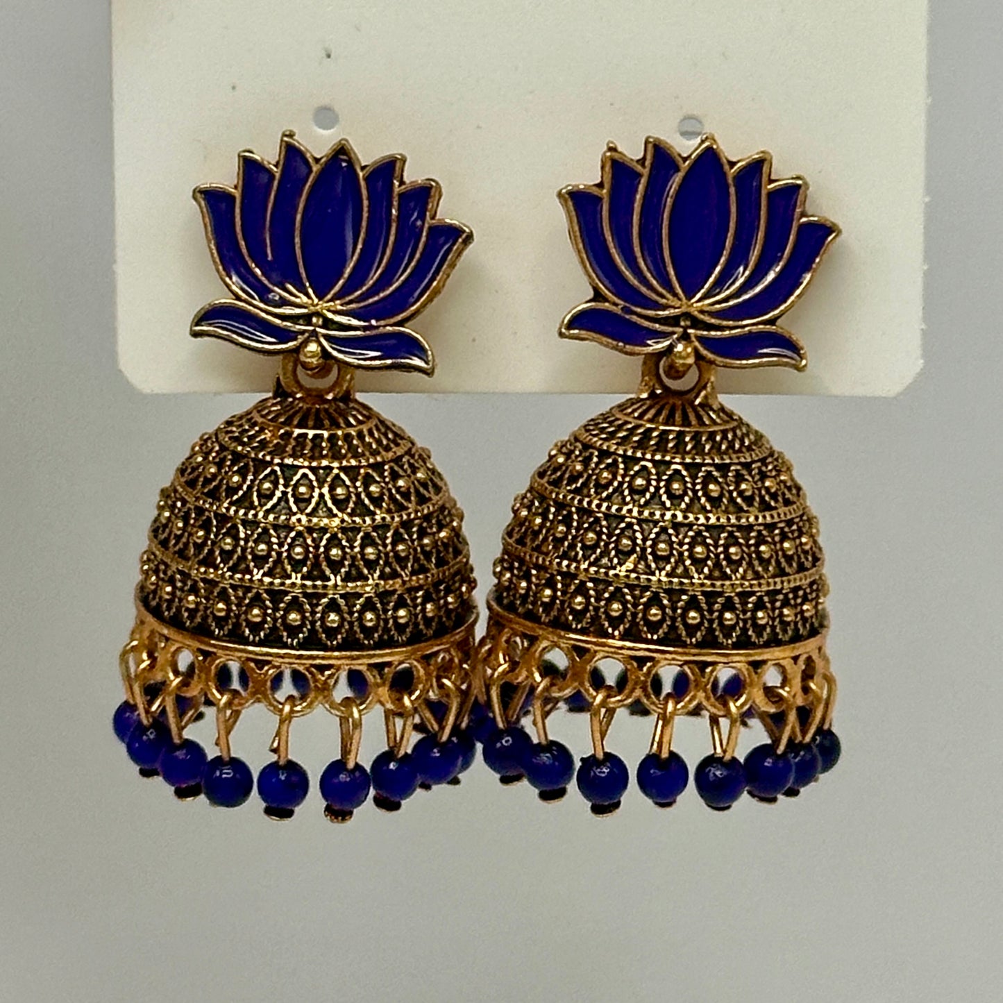 Festive Lotus Motif Meenakari Jhumka with Bead Drops