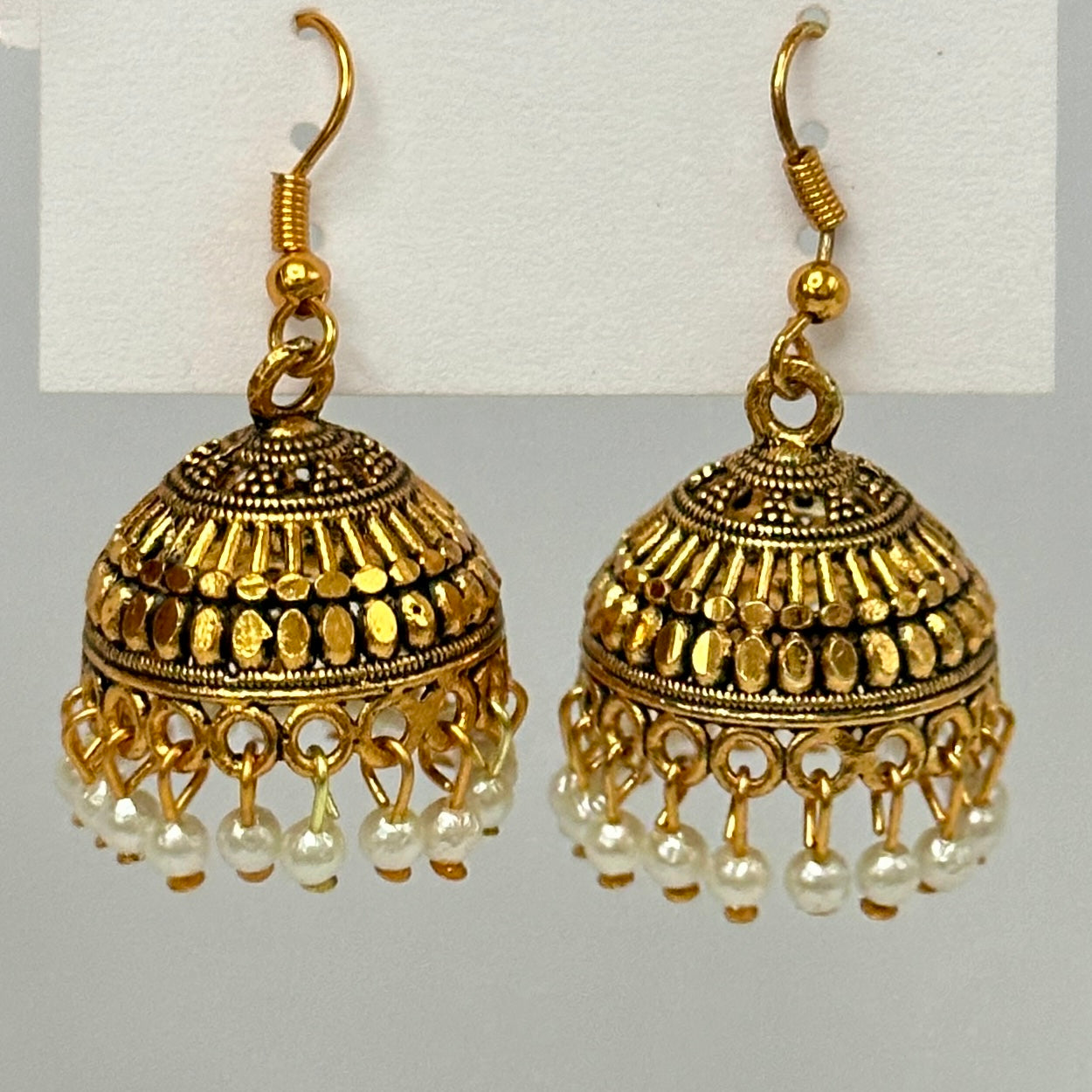 Ethnic Antique Gold Textured Jhumka with Pearl Cluster