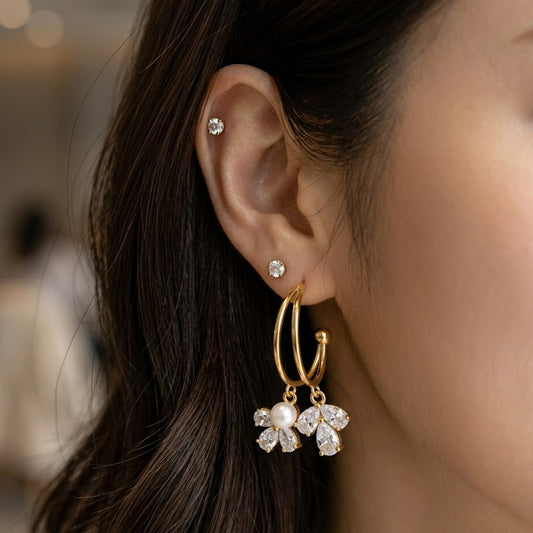 Double-Hoop Crystal & Pearl Floral Dangle Earrings — Gold Finish
