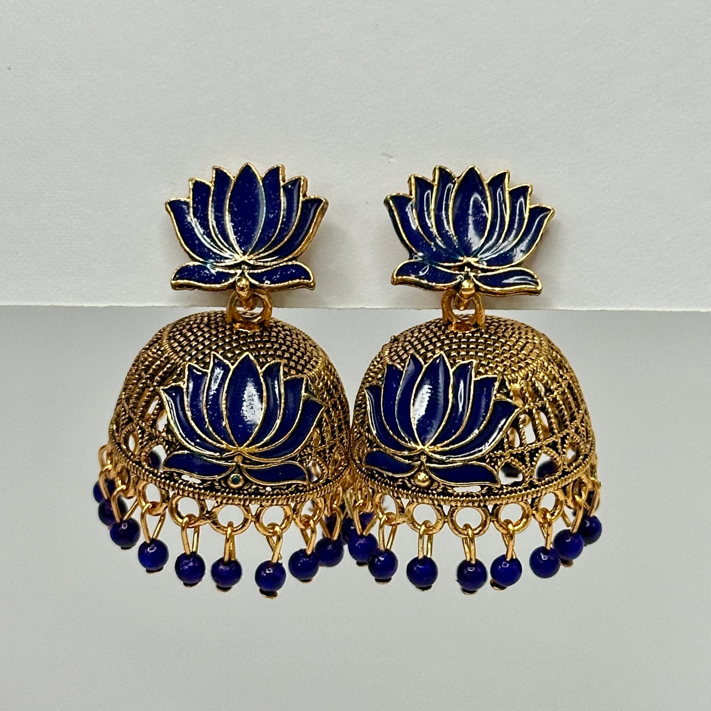 Traditional Lotus Meenakari Jhumkas with Antique Gold Finish