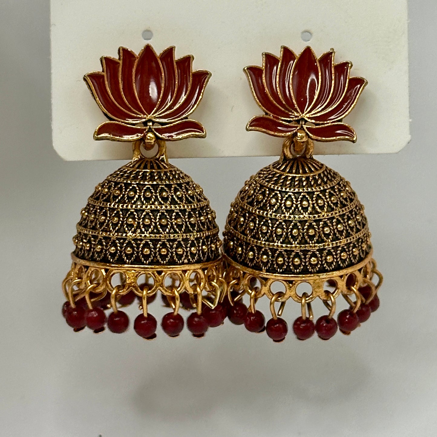 Festive Lotus Motif Meenakari Jhumka with Bead Drops