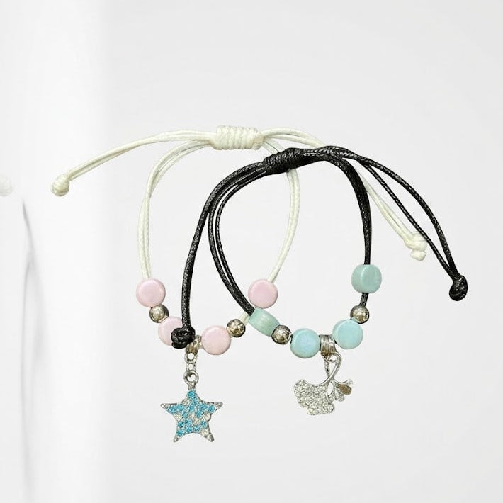 Adjustable Cord Bracelet Set with Gemstone Beads & Pavé Star Charm