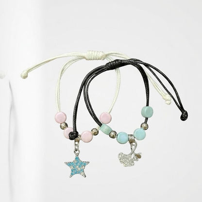 Adjustable Cord Bracelet Set with Gemstone Beads & Pavé Star Charm