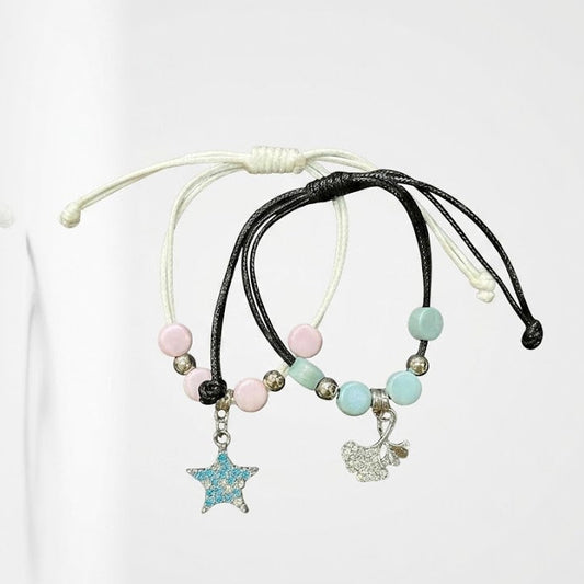 Adjustable Cord Bracelet Set with Gemstone Beads & Pavé Star Charm
