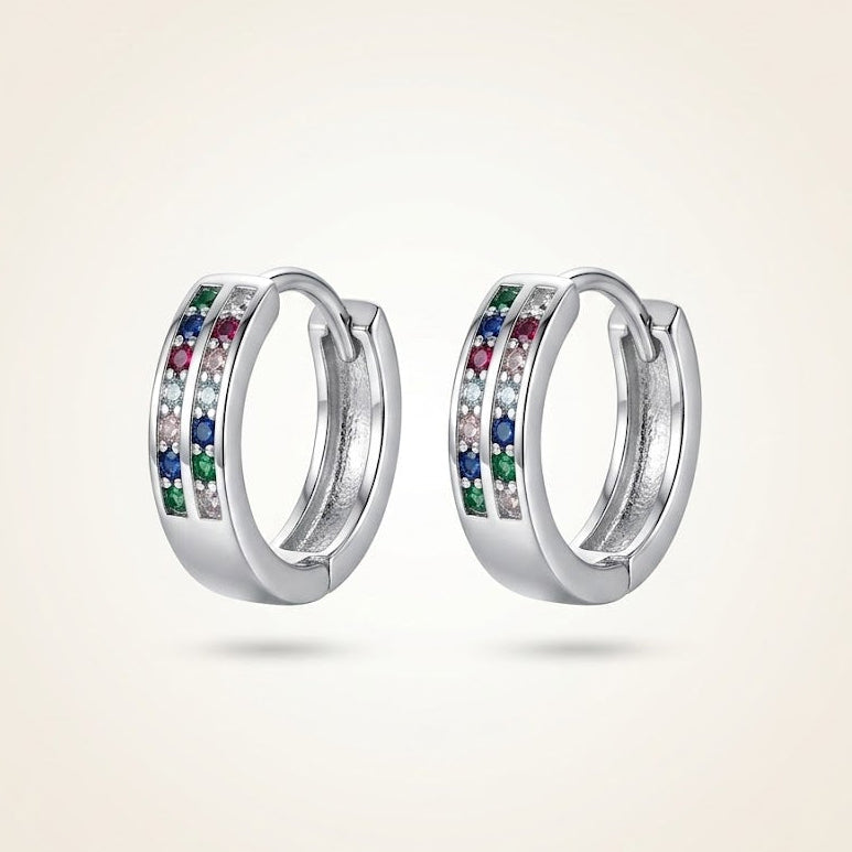 Rainbow Multi-Gemstone Huggie Hoop Earrings in Sterling Silver
