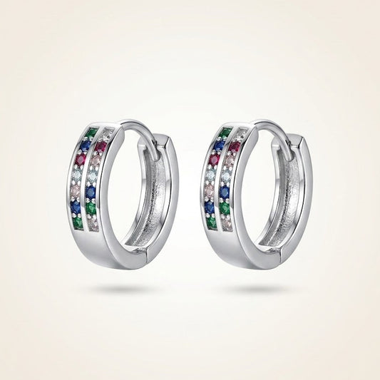 Rainbow Multi-Gemstone Huggie Hoop Earrings in Sterling Silver