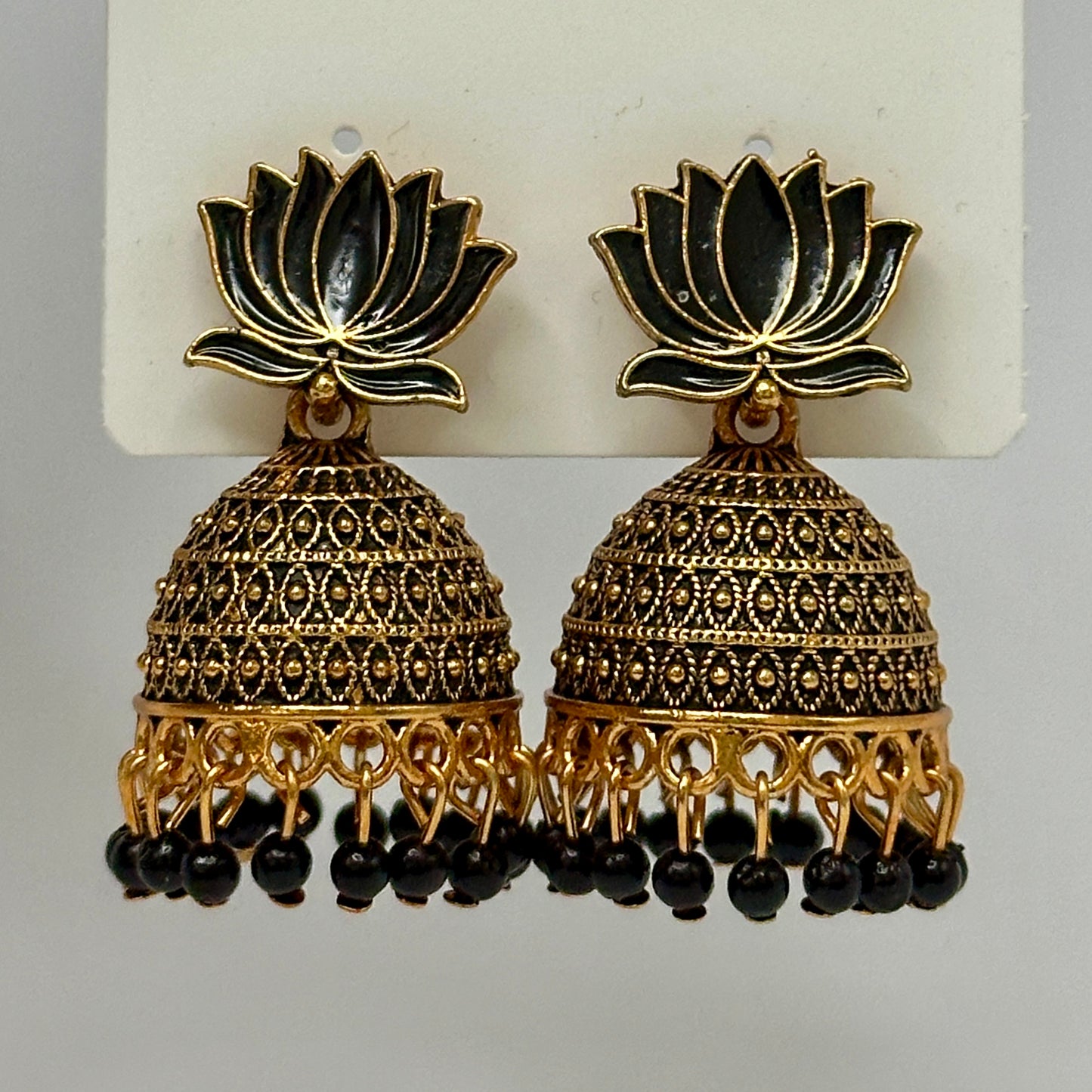 Festive Lotus Motif Meenakari Jhumka with Bead Drops