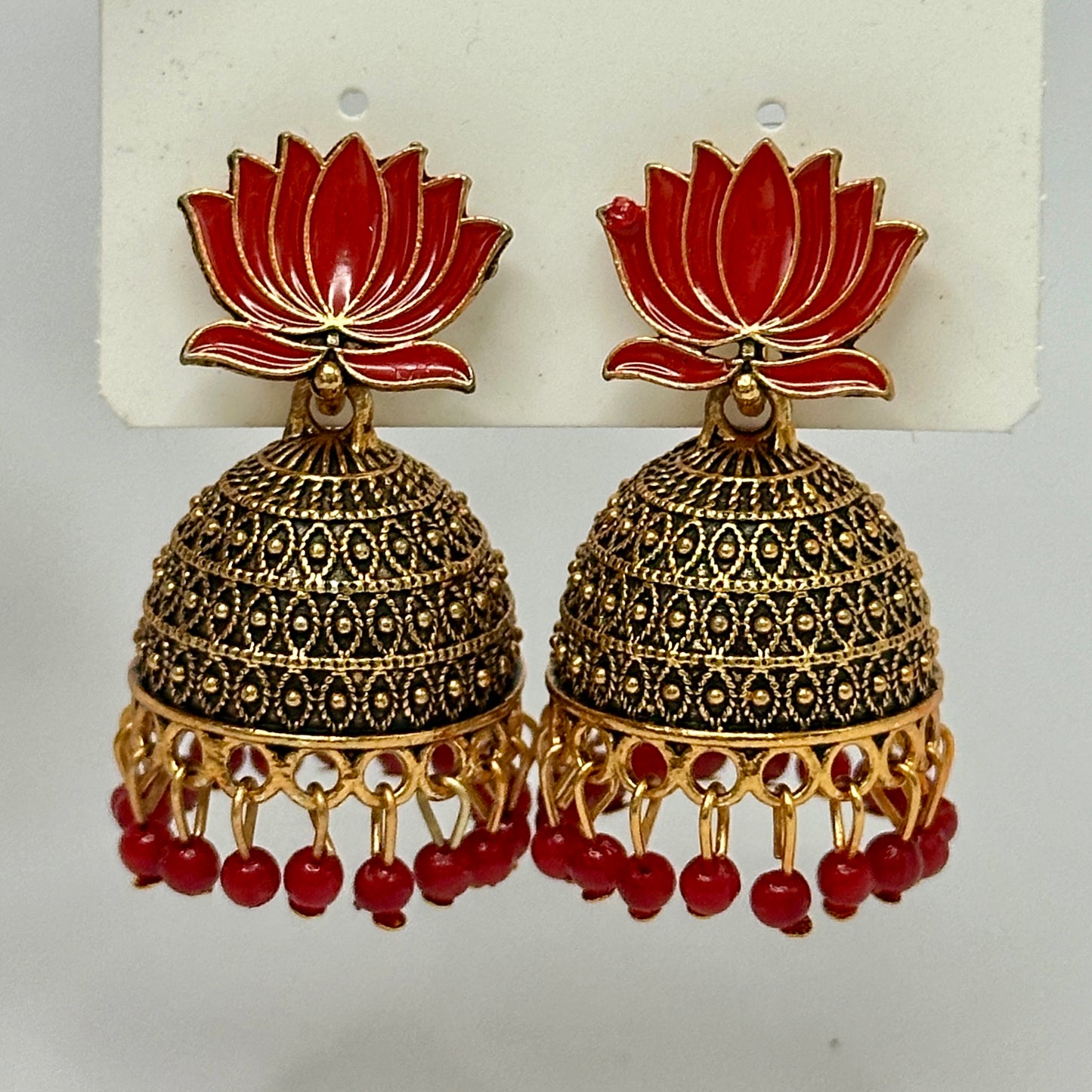 Festive Lotus Motif Meenakari Jhumka with Bead Drops