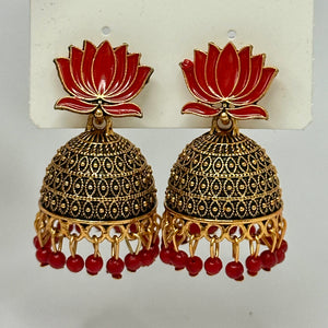 Festive Lotus Motif Meenakari Jhumka with Bead Drops