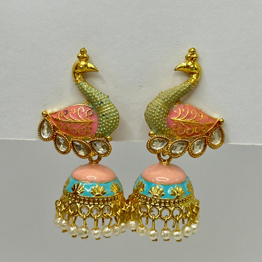 Festive Meenakari Peacock Jhumka with Pearl Cluster - Pinkish