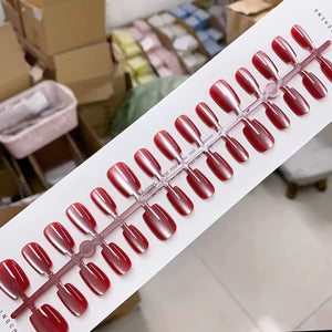 Glossy Deep Red Cat-Eye Coffin Press-On Nails Set 30 Pieces (C008)