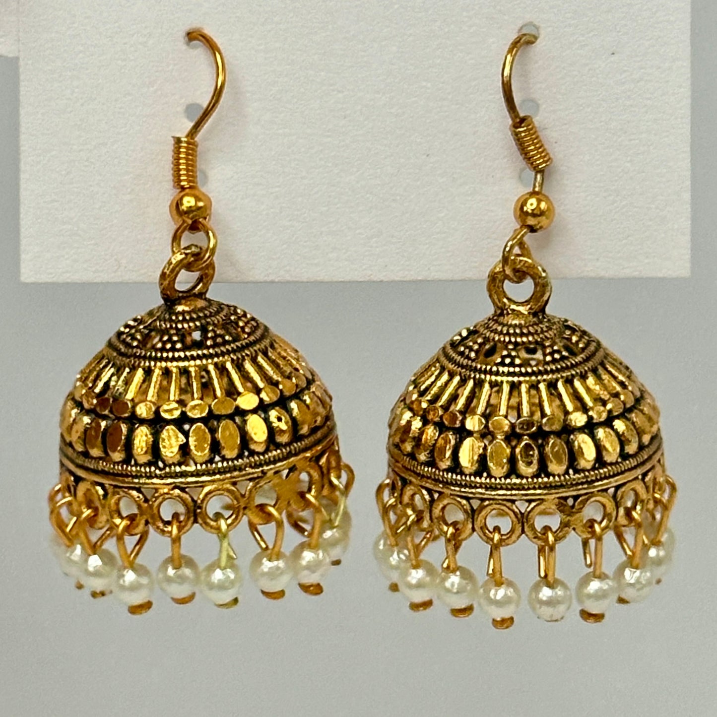 Ethnic Antique Gold Textured Jhumka with Pearl Cluster