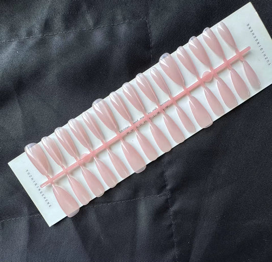 Glossy Sheer Nude Pink Long Almond Press-On Nails Set 30 Pieces (C424)