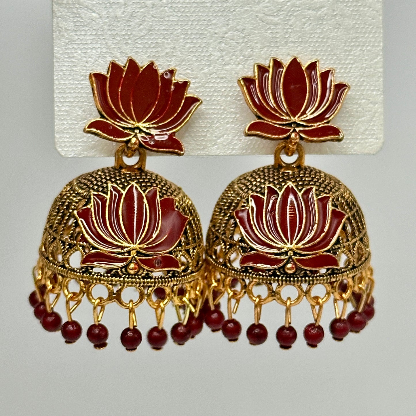Traditional Lotus Meenakari Jhumkas with Antique Gold Finish