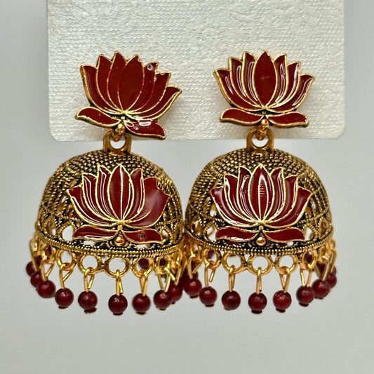 Traditional Lotus Meenakari Jhumkas with Antique Gold Finish