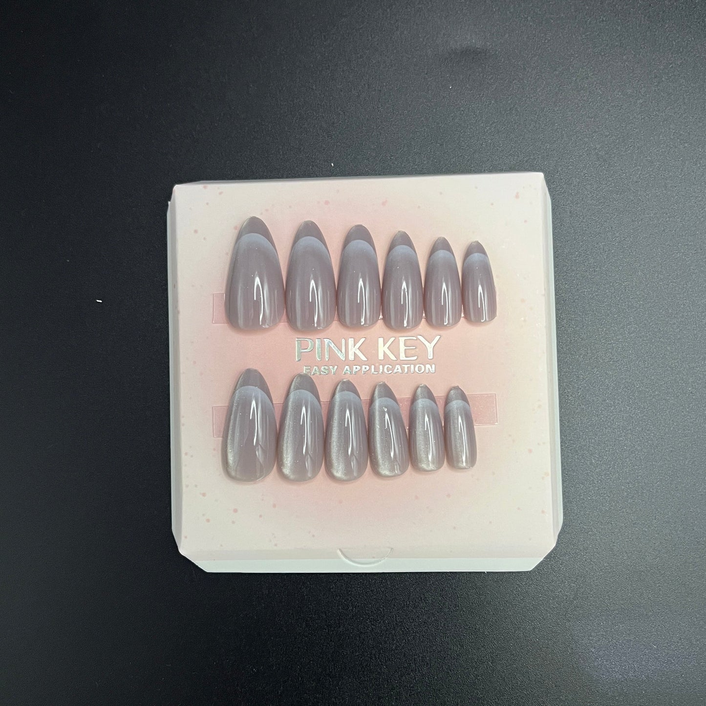 Cat Eye Ash Grey French Press-On nails Set 12 pcs - Free Sticker Sheet