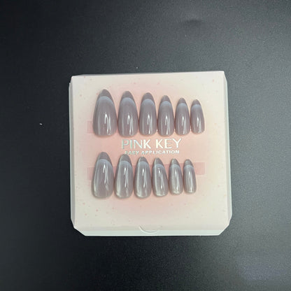 Cat Eye Ash Grey French Press-On nails Set 12 pcs - Free Sticker Sheet