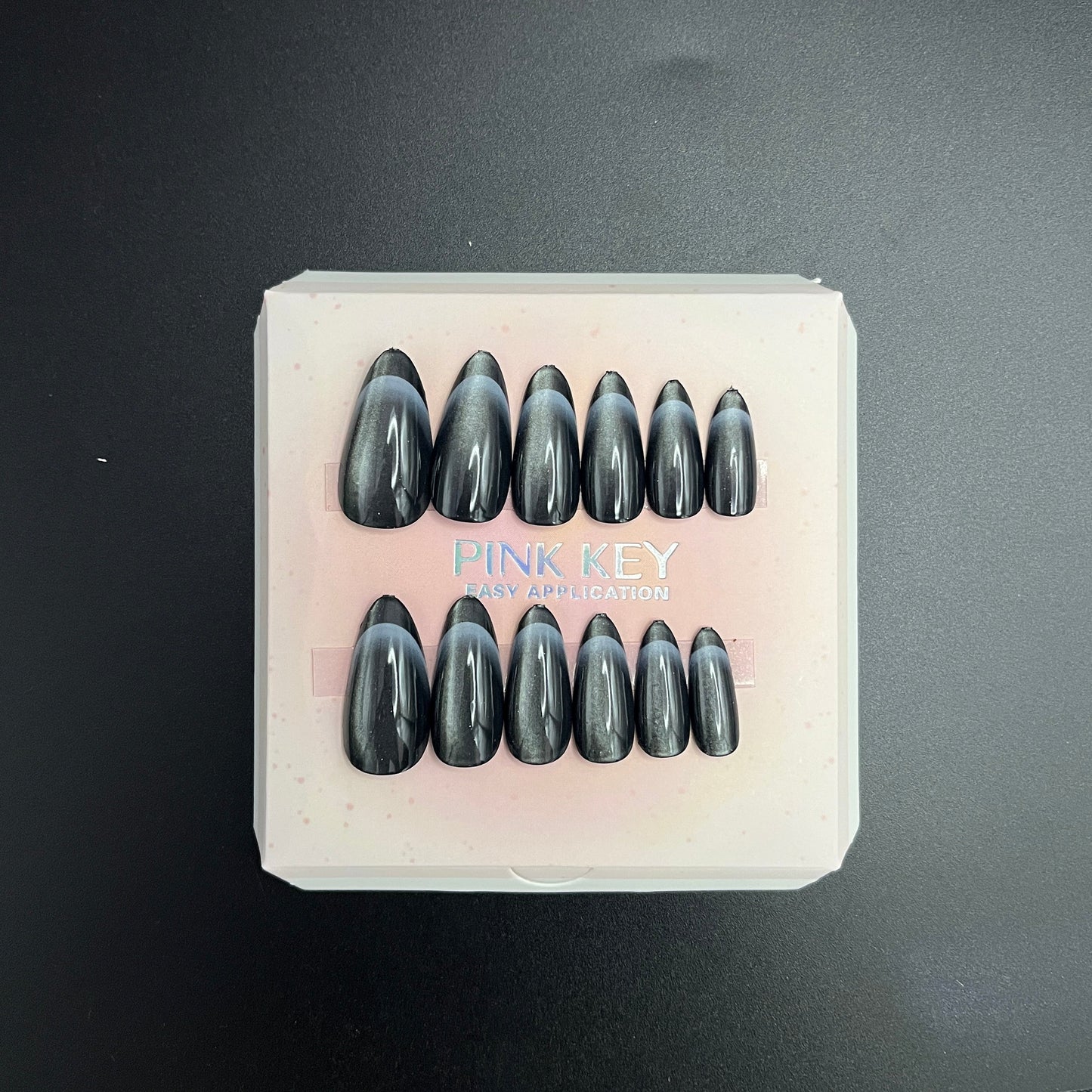 Cat Eye Black Night French Tip Press-On Set 12 pcs - Free Sticker Sheet
