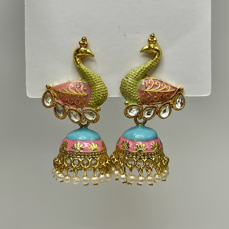 Festive Meenakari Peacock Jhumka with Pearl Cluster