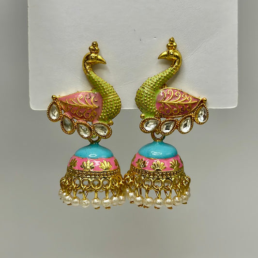 Festive Meenakari Peacock Jhumka with Pearl Cluster