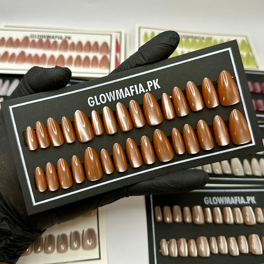 Warm Caramel Brown Cat-Eye Press-On Nails Set 30 Pieces (T1036)