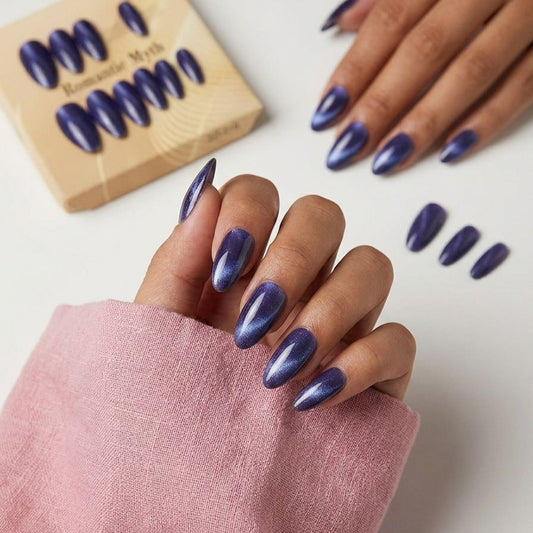 Midnight Blue Cat Eye Magnetic Press-On Nails 12 pcs + Free Sticker Sheet