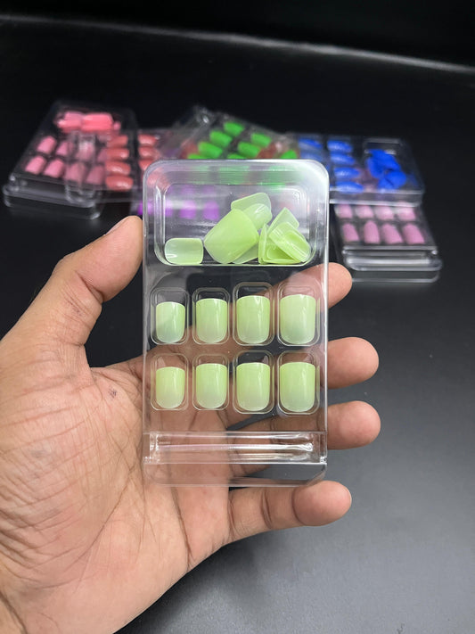 Glossy Lime Green Square Fake Nails Press-On Set 24 pcs - Free Sticker Sheet