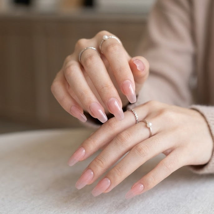 Glossy Sheer Nude Pink Long Almond Press-On Nails Set 30 Pieces (C424)