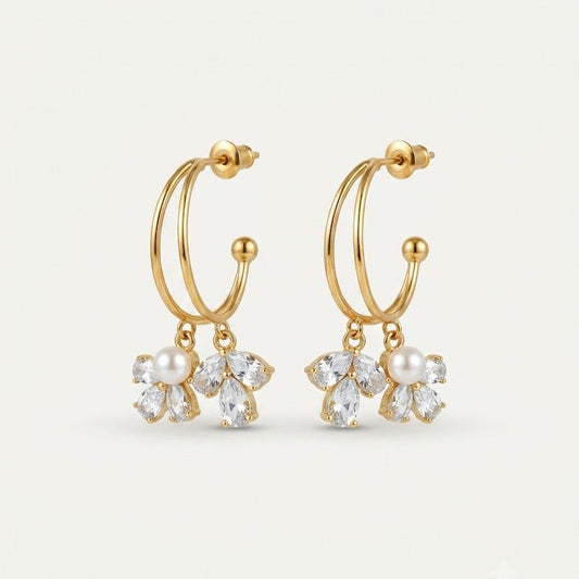 Double-Hoop Crystal & Pearl Floral Dangle Earrings — Gold Finish