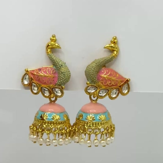 Festive Meenakari Peacock Jhumka with Pearl Cluster - Pinkish