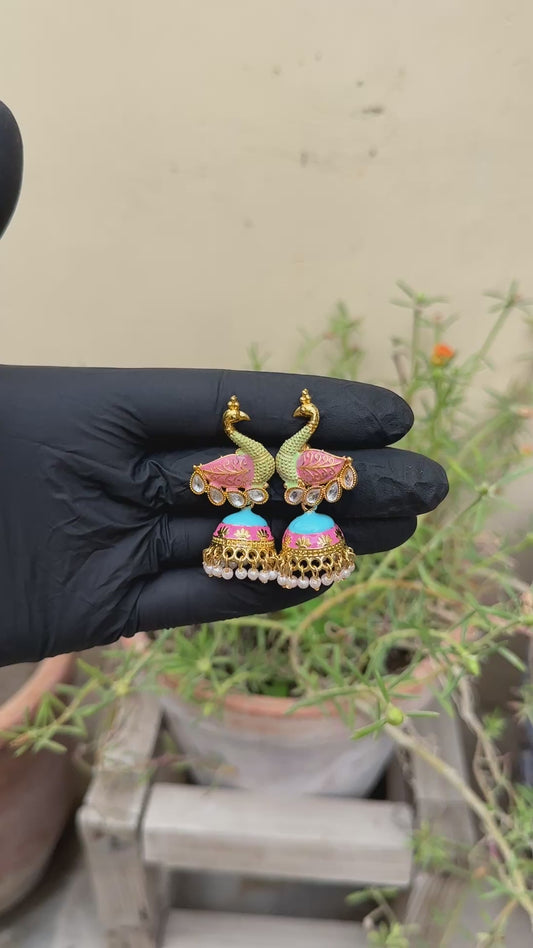 Festive Meenakari Peacock Jhumka with Pearl Cluster