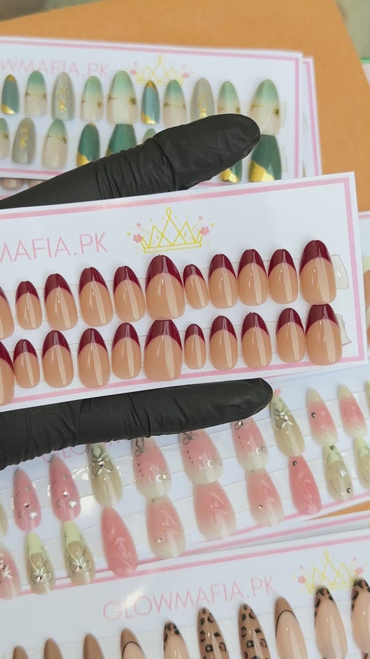 Wine Red French Tip Press-On Nails Set 30 pcs - Free Sticker Sheet