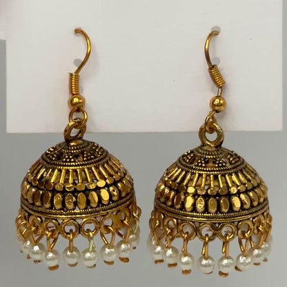 Ethnic Antique Gold Textured Jhumka with Pearl Cluster