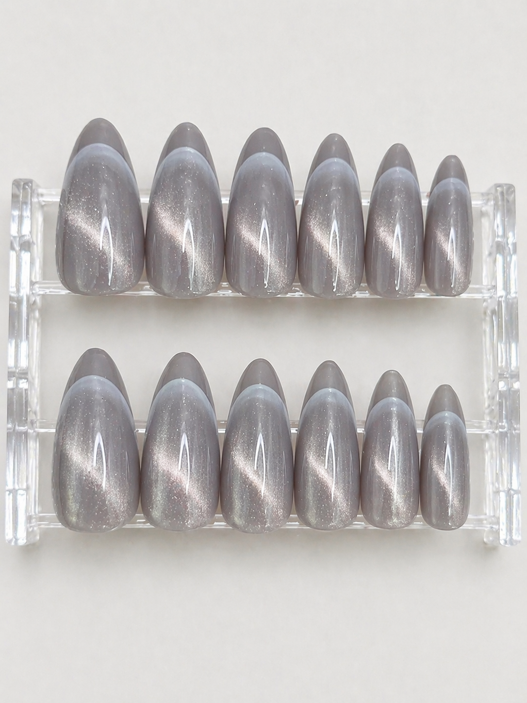 Cat Eye Ash Grey French Press-On nails Set 12 pcs - Free Sticker Sheet