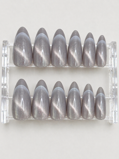 Cat Eye Ash Grey French Press-On nails Set 12 pcs - Free Sticker Sheet