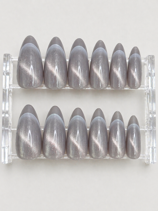 Cat Eye Ash Grey French Press-On nails Set 12 pcs - Free Sticker Sheet