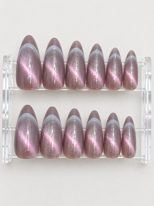 Cat Eye Dusty Rose Grey French Press-On nails Set 12 pcs - Free Sticker Sheet