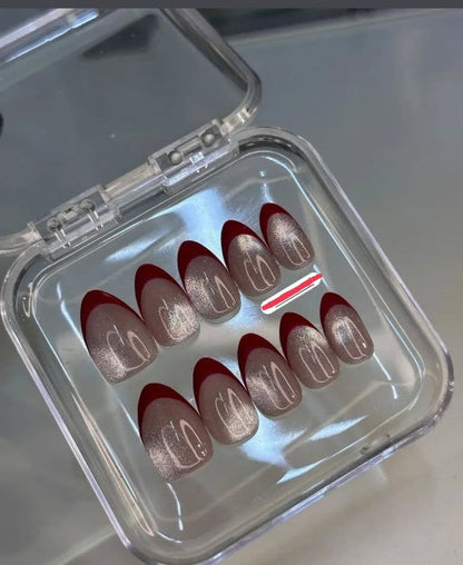 Red Cat Eye French Press-On Nails Set 12 pcs - Free Sticker Sheet
