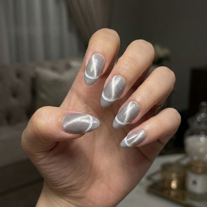 Cat Eye Ash Grey French Press-On nails Set 12 pcs - Free Sticker Sheet
