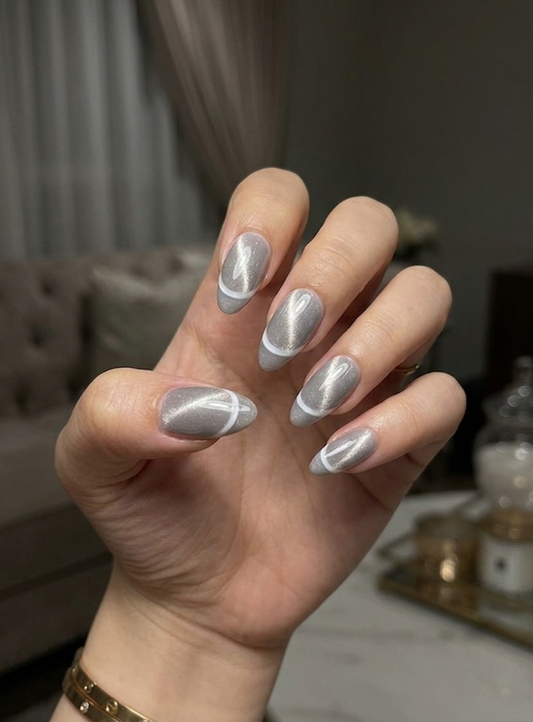 Cat Eye Ash Grey French Press-On nails Set 12 pcs - Free Sticker Sheet