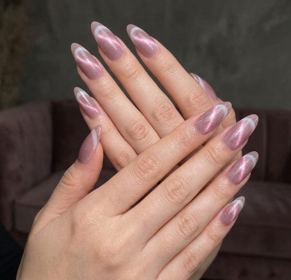 Cat Eye Dusty Rose Grey French Press-On nails Set 12 pcs - Free Sticker Sheet