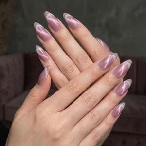 Cat Eye Dusty Rose Grey French Press-On nails Set 12 pcs - Free Sticker Sheet