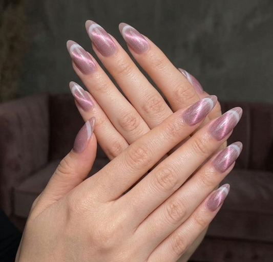 Cat Eye Dusty Rose Grey French Press-On nails Set 12 pcs - Free Sticker Sheet