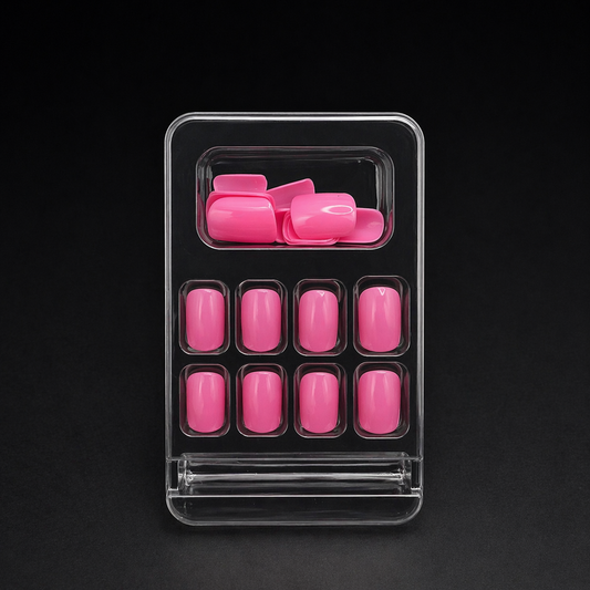 Glossy Barbie Pink Square press on nails 24 pcs - Free Sticker Sheet